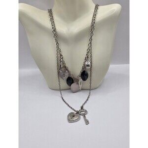 VTG Heart & Key Charm Necklace w\ Rhinestones on Chain